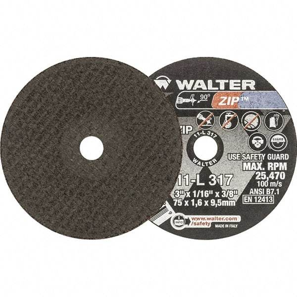 WALTER Surface Technologies - 3" 60 Grit Aluminum Oxide Cutoff Wheel - 1/16" Thick, 3/8" Arbor, 25,470 Max RPM, Use with Die Grinders - A1 Tooling