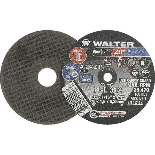 WALTER Surface Technologies - 3" 24 Grit Aluminum Oxide Cutoff Wheel - 1/16" Thick, 1/4" Arbor, 25,470 Max RPM, Use with Die Grinders - A1 Tooling