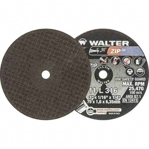 WALTER Surface Technologies - 3" 60 Grit Aluminum Oxide Cutoff Wheel - 1/16" Thick, 1/4" Arbor, 25,470 Max RPM, Use with Die Grinders - A1 Tooling