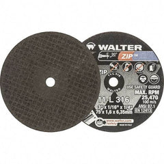 WALTER Surface Technologies - 3" 60 Grit Aluminum Oxide Cutoff Wheel - 1/16" Thick, 1/4" Arbor, 25,470 Max RPM, Use with Die Grinders - A1 Tooling