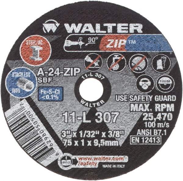 WALTER Surface Technologies - 3" 24 Grit Aluminum Oxide Cutoff Wheel - 1/32" Thick, 3/8" Arbor, 25,470 Max RPM, Use with Die Grinders - A1 Tooling