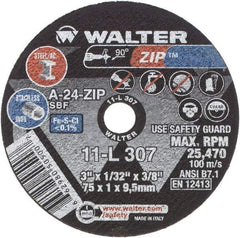 WALTER Surface Technologies - 3" 24 Grit Aluminum Oxide Cutoff Wheel - 1/32" Thick, 3/8" Arbor, 25,470 Max RPM, Use with Die Grinders - A1 Tooling