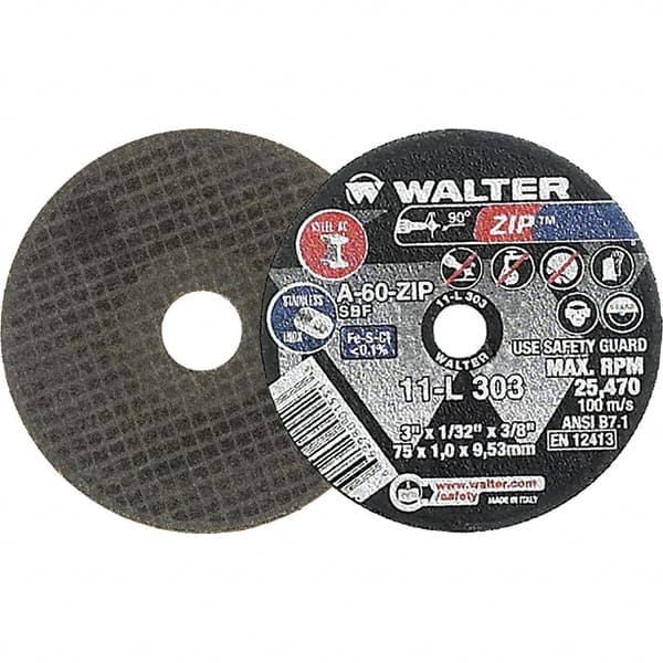 WALTER Surface Technologies - 3" 60 Grit Aluminum Oxide Cutoff Wheel - 1/32" Thick, 3/8" Arbor, 25,470 Max RPM, Use with Die Grinders - A1 Tooling