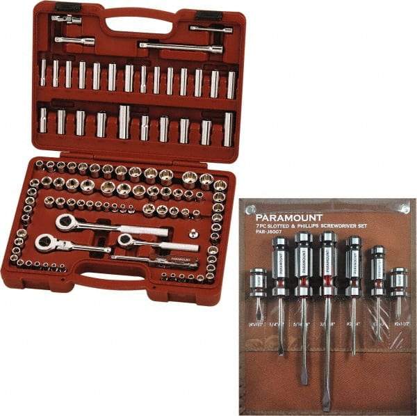 Paramount - 110 Piece 1/4" & 3/8" Drive Deep Well Socket Set - 6, 8, 12 Points, 5/32" to 13/16" (4mm to 19mm) Range, Inch/Metric Measurement Standard - A1 Tooling