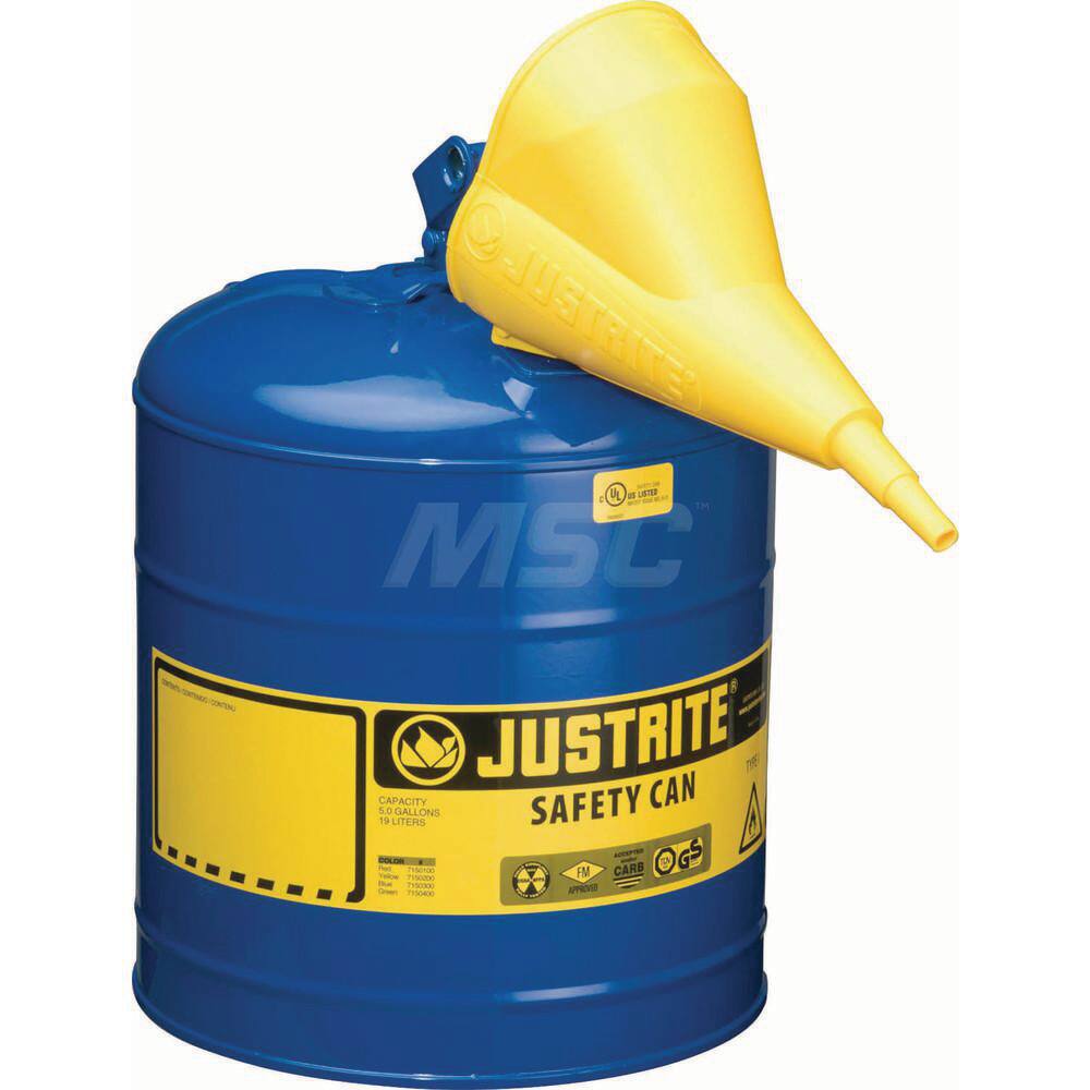 Justrite - Safety Dispensing Cans; Capacity: 5 Gal. ; Material: Steel ; Color: Blue ; Height (Decimal Inch): 16.875000 ; Diameter/Length (mm): 11.75 ; Approval Listing/Regulations: FM Approved; UL; ULC; TUV - Exact Industrial Supply