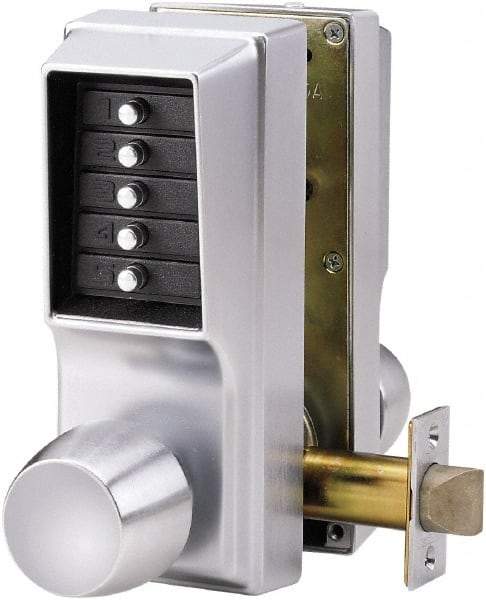 Kaba Access - 1-3/4 to 2-1/4" Door Thickness, Satin Chrome Pushbutton Knob Lockset - 2-3/4" Back Set, 1 Code, Zamak3, Nonkey Override Cylinder - A1 Tooling