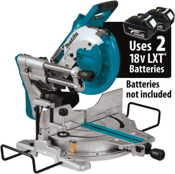 Makita - 36 Amp, 18 Volt, 4,400 RPM, 60° Double Bevel Sliding Miter Saw - 5/8" Arbor, 10" Blade Diam, Includes Vertical Vise, Dust Bag, Triangular Rule, Hex Wrench & 10" x 5/8" 40T Micro-Polished Miter Saw Blade - A1 Tooling