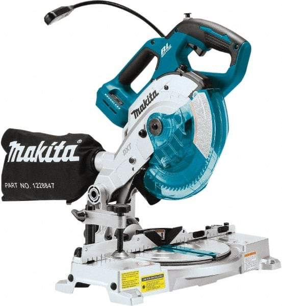 Makita - 36 Amp, 18 Volt, 5,000 RPM, 52° Double Bevel Miter Saw - 5/8" Arbor, 6-1/2" Blade Diam, Includes Triangular Rule, Vertical Vise, Dust Bag, (1) 6-1/2" x 5/8" 64T Micro-Polished Miter Saw Blade & Hex Wrench - A1 Tooling