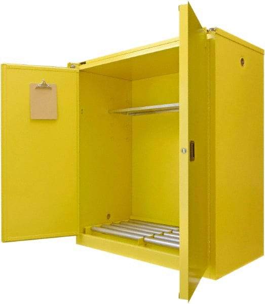 Securall Cabinets - 56" Wide x 31" Deep x 67" High, 18 Gauge Steel Vertical Drum Cabinet with 3 Point Key Lock - Yellow, Self-Closing Door, 1 Shelf, 2 Drums, Drum Rollers Included - A1 Tooling