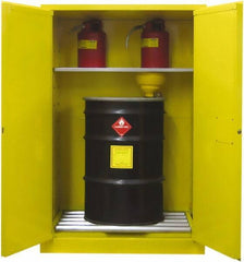 Securall Cabinets - 43" Wide x 31" Deep x 67" High, 18 Gauge Steel Vertical Drum Cabinet with 3 Point Key Lock - Yellow, Self-Closing Door, 1 Shelf, 2 Drums, Drum Rollers Included - A1 Tooling