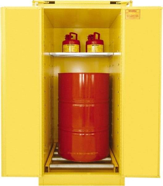 Securall Cabinets - 31" Wide x 31" Deep x 67" High, 18 Gauge Steel Vertical Drum Cabinet with 3 Point Key Lock - Yellow, Self-Closing Door, 1 Shelf, 1 Drum, Drum Rollers Included - A1 Tooling