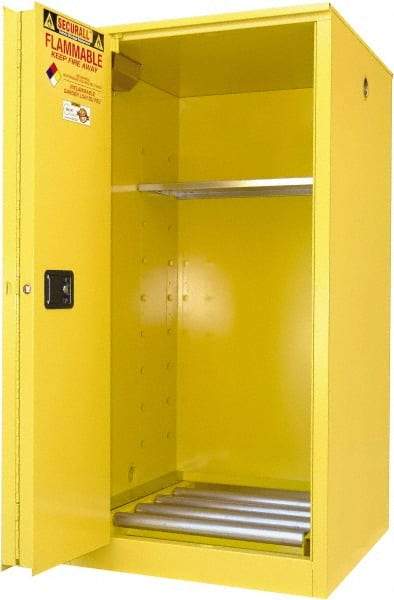 Securall Cabinets - 34" Wide x 34" Deep x 65" High, 18 Gauge Steel Vertical Drum Cabinet with 3 Point Key Lock - Yellow, Sliding Door Door, 1 Shelf, 1 Drum, Drum Rollers Included - A1 Tooling