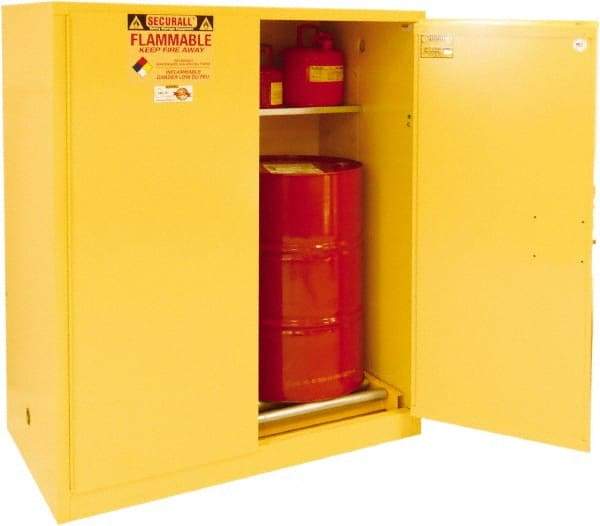 Securall Cabinets - 56" Wide x 31" Deep x 65" High, 18 Gauge Steel Vertical Drum Cabinet with 3 Point Key Lock - Yellow, Manual Closing Door, 3 Shelves, 1 Drum, Drum Rollers Included - A1 Tooling