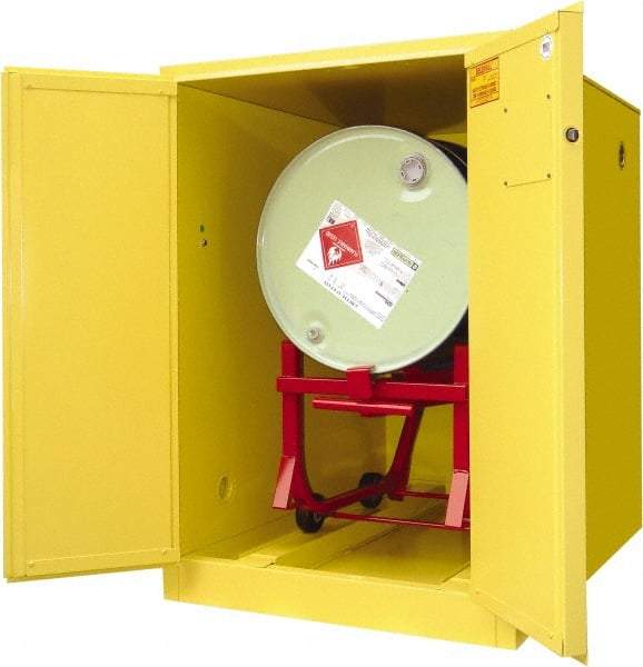 Securall Cabinets - 34" Wide x 50" Deep x 50" High, 18 Gauge Steel Horizontal Drum Cabinet with 3 Point Key Lock - Yellow, Manual Closing Door, 1 Drum - A1 Tooling