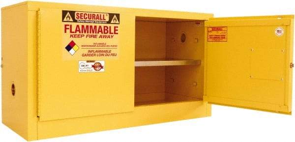 Securall Cabinets - 2 Door, 1 Shelf, Yellow Steel Stackable Safety Cabinet for Flammable and Combustible Liquids - 24" High x 43" Wide x 18" Deep, Manual Closing Door, 3 Point Key Lock, 18 Gal Capacity - A1 Tooling