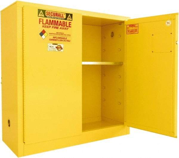 Securall Cabinets - 2 Door, 1 Shelf, Yellow Steel Standard Safety Cabinet for Flammable and Combustible Liquids - 44" High x 43" Wide x 18" Deep, Manual Closing Door, 3 Point Key Lock, 30 Gal Capacity - A1 Tooling