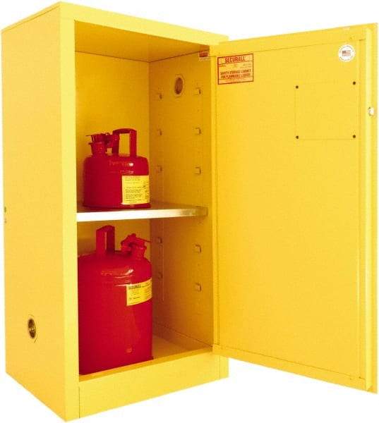 Securall Cabinets - 1 Door, 1 Shelf, Yellow Steel Standard Safety Cabinet for Flammable and Combustible Liquids - 44" High x 23-3/16" Wide x 18" Deep, Manual Closing Door, 3 Point Key Lock, 16 Gal Capacity - A1 Tooling