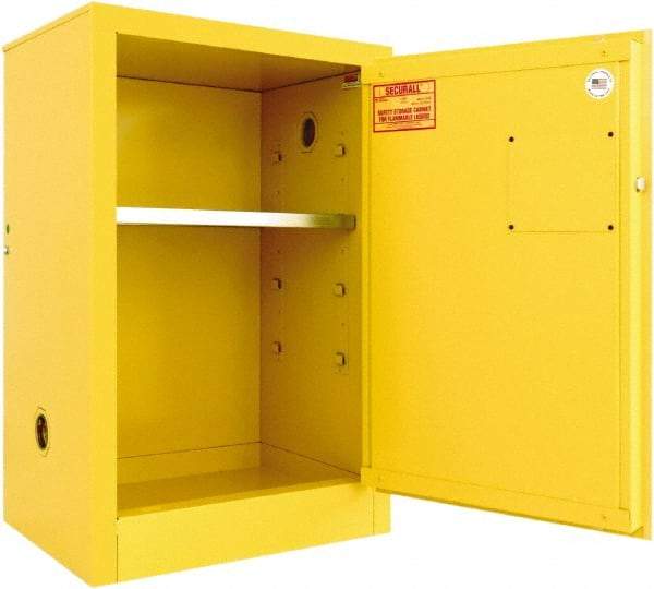 Securall Cabinets - 1 Door, 1 Shelf, Yellow Steel Standard Safety Cabinet for Flammable and Combustible Liquids - 35" High x 24" Wide x 18" Deep, Manual Closing Door, 3 Point Key Lock, 12 Gal Capacity - A1 Tooling