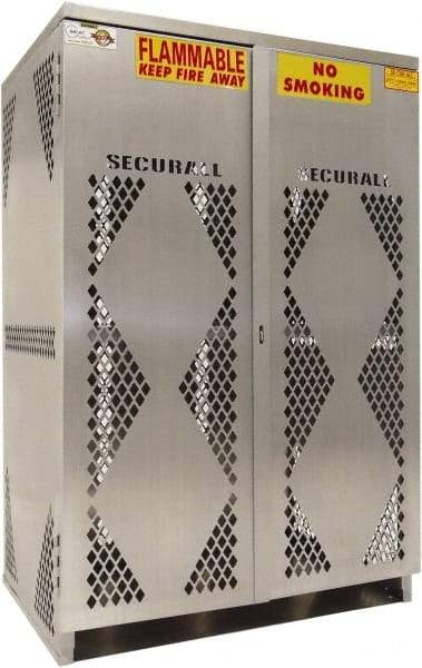 Securall Cabinets - 2 Door, 4 Shelf, Silver Aluminum Standard Safety Cabinet for Flammable and Combustible Liquids - 65" High x 43" Wide x 32" Deep, Manual Closing Door, Padlockable Hasp, 20 or 33 Lb Cylinder Capacity - A1 Tooling