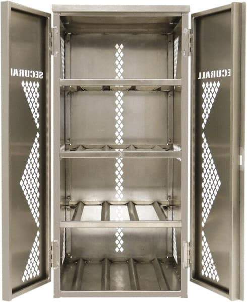 Securall Cabinets - 2 Door, 4 Shelf, Silver Aluminum Standard Safety Cabinet for Flammable and Combustible Liquids - 65" High x 30" Wide x 32" Deep, Manual Closing Door, Padlockable Hasp, 20 or 33 Lb Cylinder Capacity - A1 Tooling