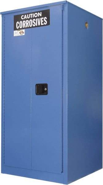 Securall Cabinets - 2 Door, 2 Shelf, Blue Steel Standard Safety Cabinet for Corrosive Chemicals - 65" High x 34" Wide x 34" Deep, Sliding Door, 3 Point Key Lock, 60 Gal Capacity - A1 Tooling