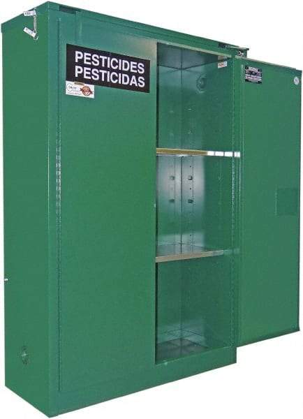 Securall Cabinets - 2 Door, 2 Shelf, Green Steel Standard Safety Cabinet for Flammable and Combustible Liquids - 67" High x 43" Wide x 18" Deep, Self Closing Door, 3 Point Key Lock, 45 Gal Capacity - A1 Tooling