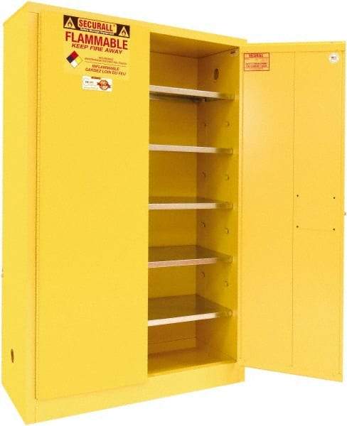 Securall Cabinets - 2 Door, 5 Shelf, Yellow Steel Standard Safety Cabinet for Flammable and Combustible Liquids - 65" High x 43" Wide x 18" Deep, Manual Closing Door, 3 Point Key Lock, 60 Gal Capacity - A1 Tooling