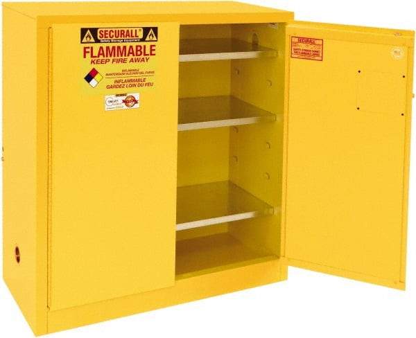 Securall Cabinets - 2 Door, 3 Shelf, Yellow Steel Standard Safety Cabinet for Flammable and Combustible Liquids - 44" High x 43" Wide x 18" Deep, Manual Closing Door, 3 Point Key Lock, 40 Gal Capacity - A1 Tooling