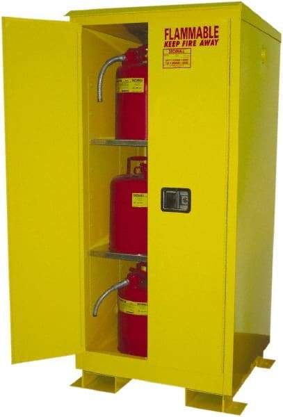 Securall Cabinets - 2 Door, 2 Shelf, Yellow Steel Standard Safety Cabinet for Flammable and Combustible Liquids - 69" High x 31" Wide x 31" Deep, Manual Closing Door, 3 Point Key Lock, 60 Gal Capacity - A1 Tooling