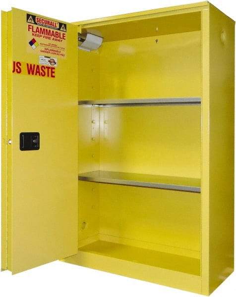 Securall Cabinets - 2 Door, 2 Shelf, Yellow Steel Standard Safety Cabinet for Flammable and Combustible Liquids - 65" High x 43" Wide x 18" Deep, Sliding Door, 3 Point Key Lock, 45 Gal Capacity - A1 Tooling