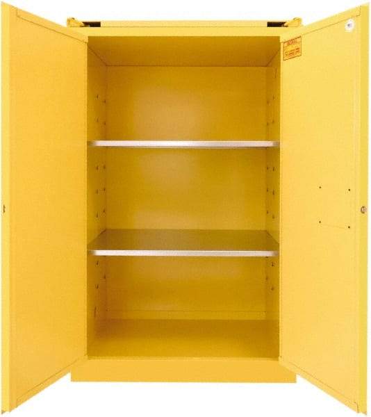 Securall Cabinets - 2 Door, 2 Shelf, Yellow Steel Standard Safety Cabinet for Flammable and Combustible Liquids - 67" High x 43" Wide x 31" Deep, Self Closing Door, 3 Point Key Lock, 90 Gal Capacity - A1 Tooling