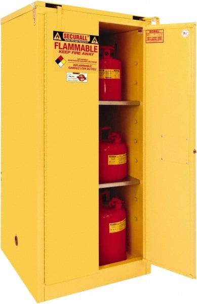 Securall Cabinets - 2 Door, 2 Shelf, Yellow Steel Standard Safety Cabinet for Flammable and Combustible Liquids - 67" High x 31" Wide x 31" Deep, Self Closing Door, 3 Point Key Lock, 60 Gal Capacity - A1 Tooling