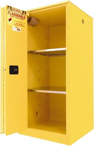 Securall Cabinets - 2 Door, 2 Shelf, Yellow Steel Standard Safety Cabinet for Flammable and Combustible Liquids - 65" High x 31" Wide x 31" Deep, Sliding Door, 3 Point Key Lock, 60 Gal Capacity - A1 Tooling