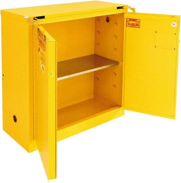 Securall Cabinets - 2 Door, 1 Shelf, Yellow Steel Standard Safety Cabinet for Flammable and Combustible Liquids - 46" High x 43" Wide x 18" Deep, Self Closing Door, 3 Point Key Lock, 30 Gal Capacity - A1 Tooling