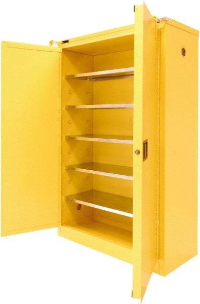 Securall Cabinets - 2 Door, 5 Shelf, Yellow Steel Standard Safety Cabinet for Flammable and Combustible Liquids - 67" High x 43" Wide x 18" Deep, Sliding Door, 3 Point Key Lock, 60 Gal Capacity - A1 Tooling