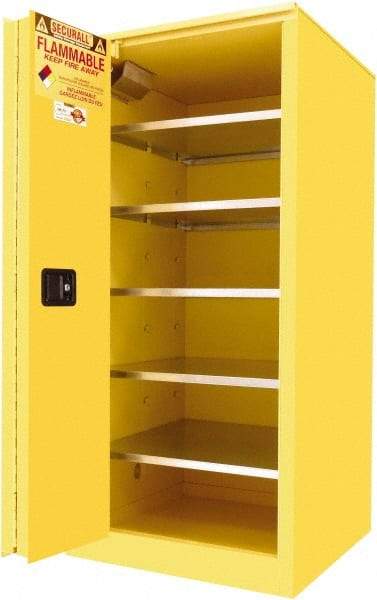 Securall Cabinets - 2 Door, 5 Shelf, Yellow Steel Standard Safety Cabinet for Flammable and Combustible Liquids - 65" High x 31" Wide x 31" Deep, Sliding Door, 3 Point Key Lock, 120 Gal Capacity - A1 Tooling