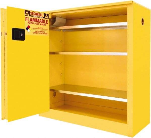 Securall Cabinets - 2 Door, 3 Shelf, Yellow Steel Standard Safety Cabinet for Flammable and Combustible Liquids - 44" High x 43" Wide x 18" Deep, Sliding Door, 3 Point Key Lock, 40 Gal Capacity - A1 Tooling