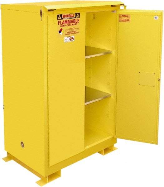 Securall Cabinets - 2 Door, 2 Shelf, Yellow Steel Standard Safety Cabinet for Flammable and Combustible Liquids - 71" High x 43" Wide x 31" Deep, Self Closing Door, 3 Point Key Lock, 90 Gal Capacity - A1 Tooling