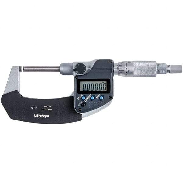 Mitutoyo - 0 to 1" Range, 0.00005" Resolution, Non-Rotating Throat Electronic Outside Micrometer - 0.00015" Accuracy, Ratchet Stop Thimble, Carbide-Tipped Face, SR44 Battery - A1 Tooling