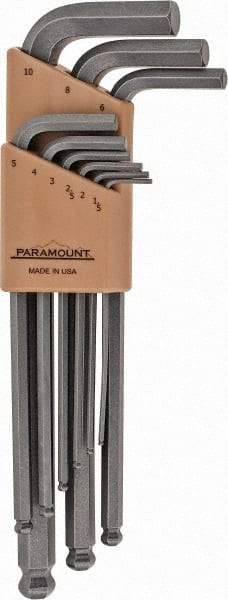 Paramount - 9 Piece L-Key Ball End Hex Key Set - Hex Range 1.5 to 10mm, 7-1/4" OAL, Steel - A1 Tooling