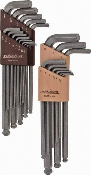 Paramount - 22 Piece L-Key Ball End Hex Key Set - Hex Range 0.05 to 3/8", 7-1/4" OAL, Steel - A1 Tooling