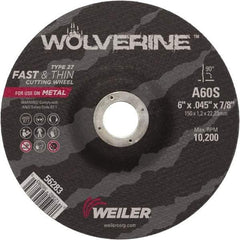 Weiler - 60 Grit, 6" Wheel Diam, 7/8" Arbor Hole, Type 27 Depressed Center Wheel - Medium Grade, Aluminum Oxide, Resinoid Bond, S Hardness, 10,200 Max RPM - A1 Tooling