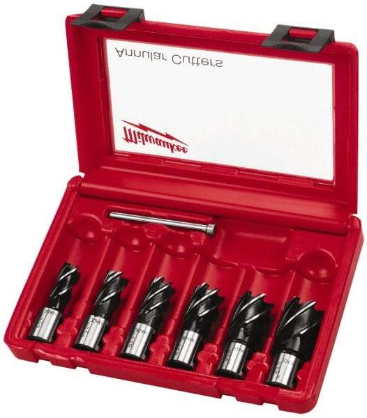 Milwaukee Tool - 6 Piece, 9/16 to 1-1/16" Cutter Diam, 1" Cutting Depth, Steel Annular Cutter Set - Bright Finish, 3/4" Shank Diam, 9/16, 5/8, 11/16, 13/16, 15/16, 1-1/16" Cutter Diams, 2 Flats on Shank - A1 Tooling