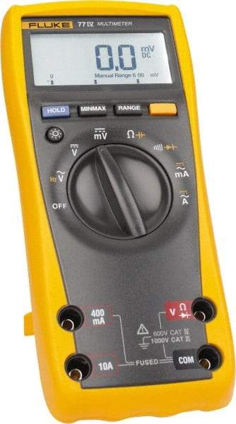 Fluke - 77-4, CAT IV, CAT III, 1,000 VAC/VDC, Digital Auto Ranging Average Responding Manual Ranging Multimeter - 50 mOhm, Measures Voltage, Capacitance, Current, Frequency, Resistance - A1 Tooling