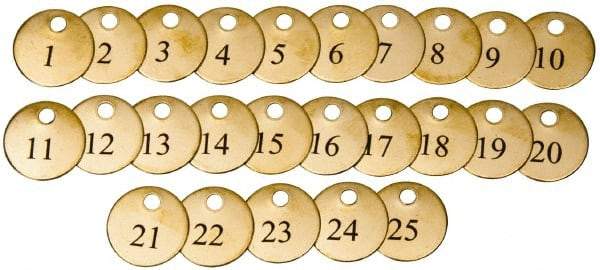 Value Collection - 1-1/2" High x 1-1/2" Long, 1 to 25, English Safety & Facility Numbered Tag - 1 Side, Brass - A1 Tooling