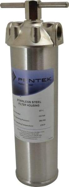 Pentair - 3/4 Inch Pipe, FNPT End Connections, 9-1/4 Inch Long Cartridge, 12-7/8 Inch Long, Cartridge Filter Housing - 1 Cartridge, 10 Max GPM Flow Rate, 250 psi Max Working Pressure, 304 Grade - A1 Tooling