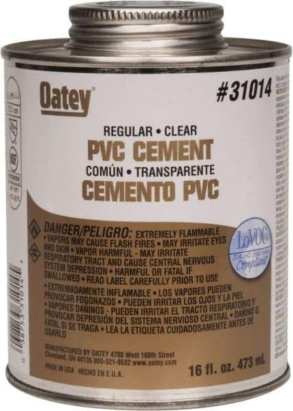 Oatey - 16 oz Regular Bodied Cement - Clear, Use with Schedule 40 PVC up to 4" Diam & Schedule 80 PVC up to 2" Diam - A1 Tooling