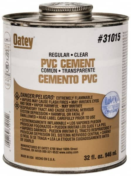 Oatey - 32 oz Regular Bodied Cement - Clear, Use with Schedule 40 PVC up to 4" Diam & Schedule 80 PVC up to 2" Diam - A1 Tooling