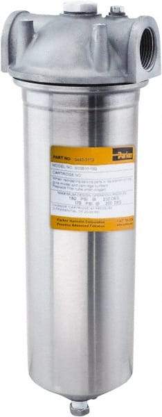 Parker - 1 Inch Pipe, FNPT End Connections, 20 Inch Long Cartridge, 23-1/8 Inch Long, Cartridge Filter Housing with Pressure Relief - 1 Cartridge, 10 Max GPM Flow Rate, 150 psi Max Working Pressure, 316 Grade - A1 Tooling