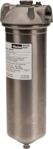 Parker - 3/4 Inch Pipe, FNPT End Connections, 10 Inch Long Cartridge, 12-3/4 Inch Long, Cartridge Filter Housing with Pressure Relief - 1 Cartridge, 5 Max GPM Flow Rate, 150 psi Max Working Pressure, 316 Grade - A1 Tooling